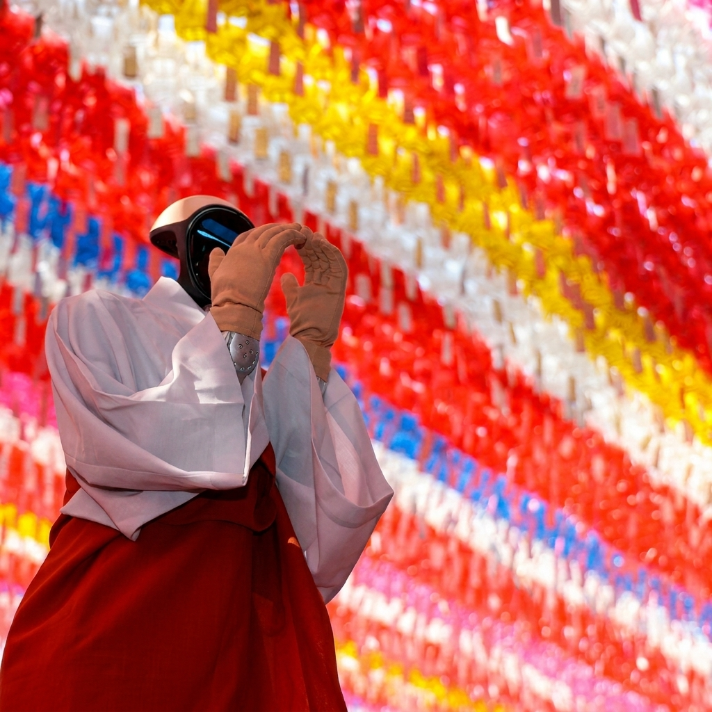 Gabi the robot monk in robes beneath temple lanterns
